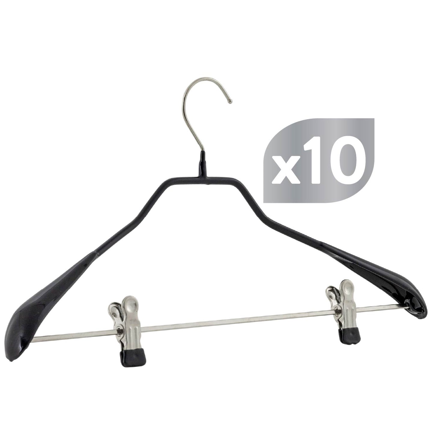 Appendini, 10 pezzi, Grucce per abiti, con barra a clip, Ampio 42 cm, Grucce salvaspazio, Colore Nero, MAWA Bodyform LK 1