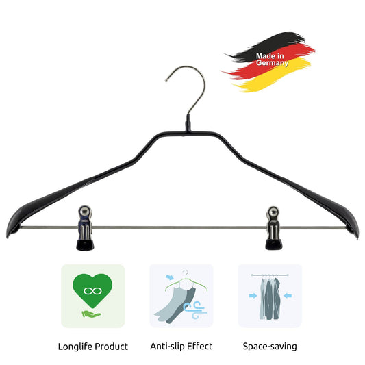Appendini, 10 pezzi, Grucce per abiti, con barra a clip, Ampio 42 cm, Grucce salvaspazio, Colore Nero, MAWA Bodyform LK, 2