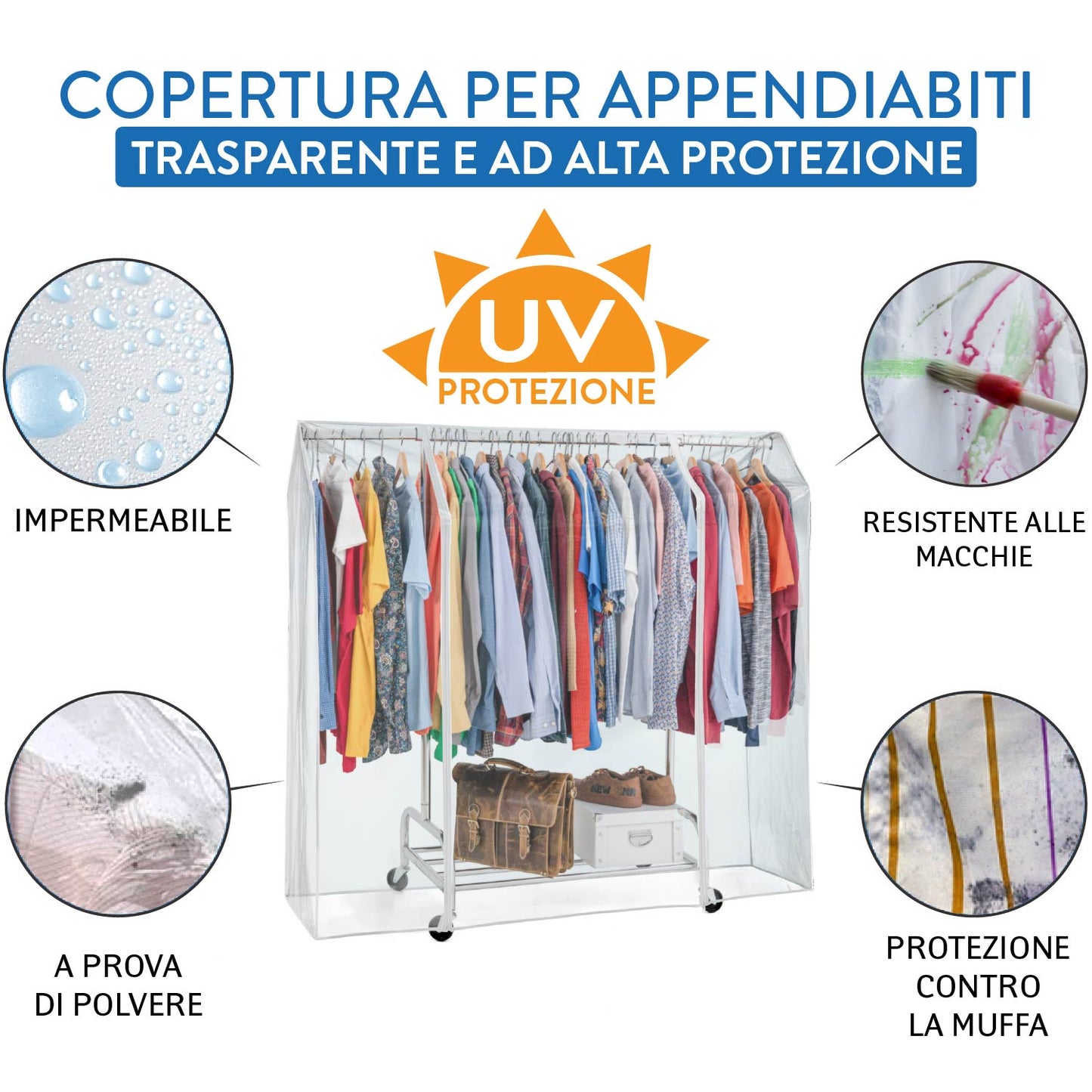Copri stand appendiabiti, 160x60x145 cm, 2 cerniere, Trasparente, protegge da polvere, umidità, raggi UV, Tatkraft Defender, 3
