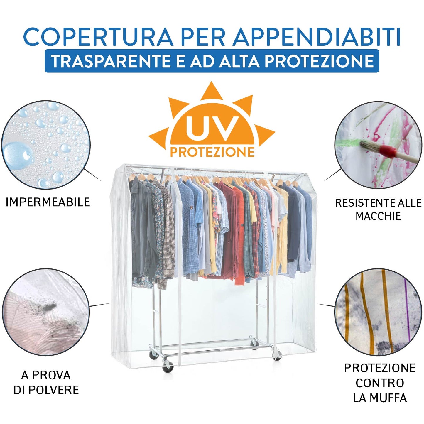 Copri stand appendiabiti, Grande 169×90×170cm, 2 cerniere, protezione da polvere, umidità, raggi UV, Trasparente, Tatkraft Safe, 2