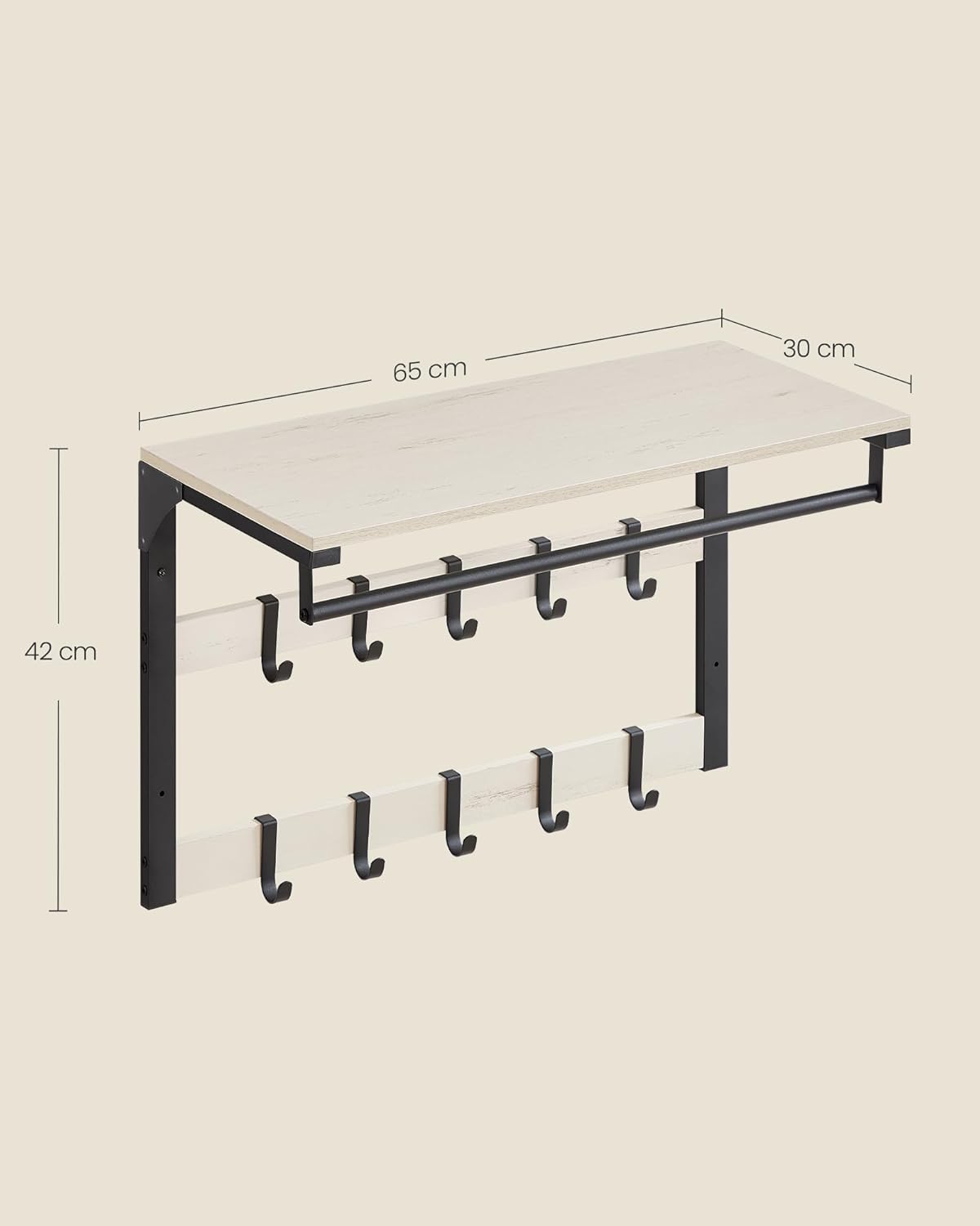 Appendiabiti da Parete, Appendiabiti Ingresso, Mensola da Muro, 10 Ganci, Barra, Attaccapanni da Parete, Bianco Nero, VASAGLE, Vasagle, 6