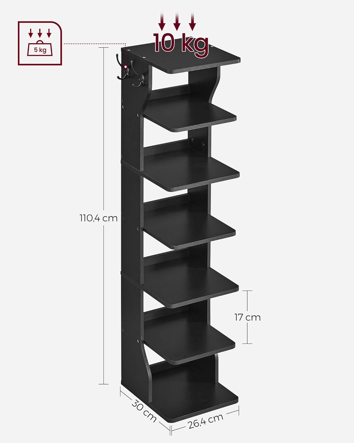 Scarpiera Salvaspazio, Scarpiera Alta, 7 Livelli, Scarpiera Slim, Scarpiera ingresso, con 2 Ganci, Nero, VASAGLE, Vasagle, 3