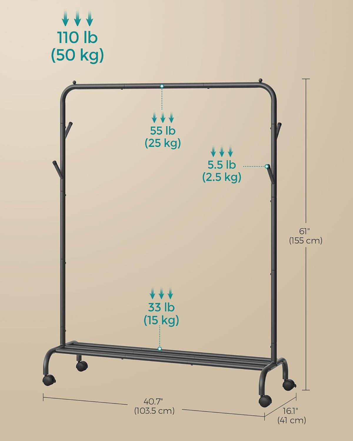 Appendiabiti con Ruote, Appendiabiti con Ripiani, 4 ganci, per Camera da Letto, Soggiorno, in Acciaio, Nero, , Songmics, 6
