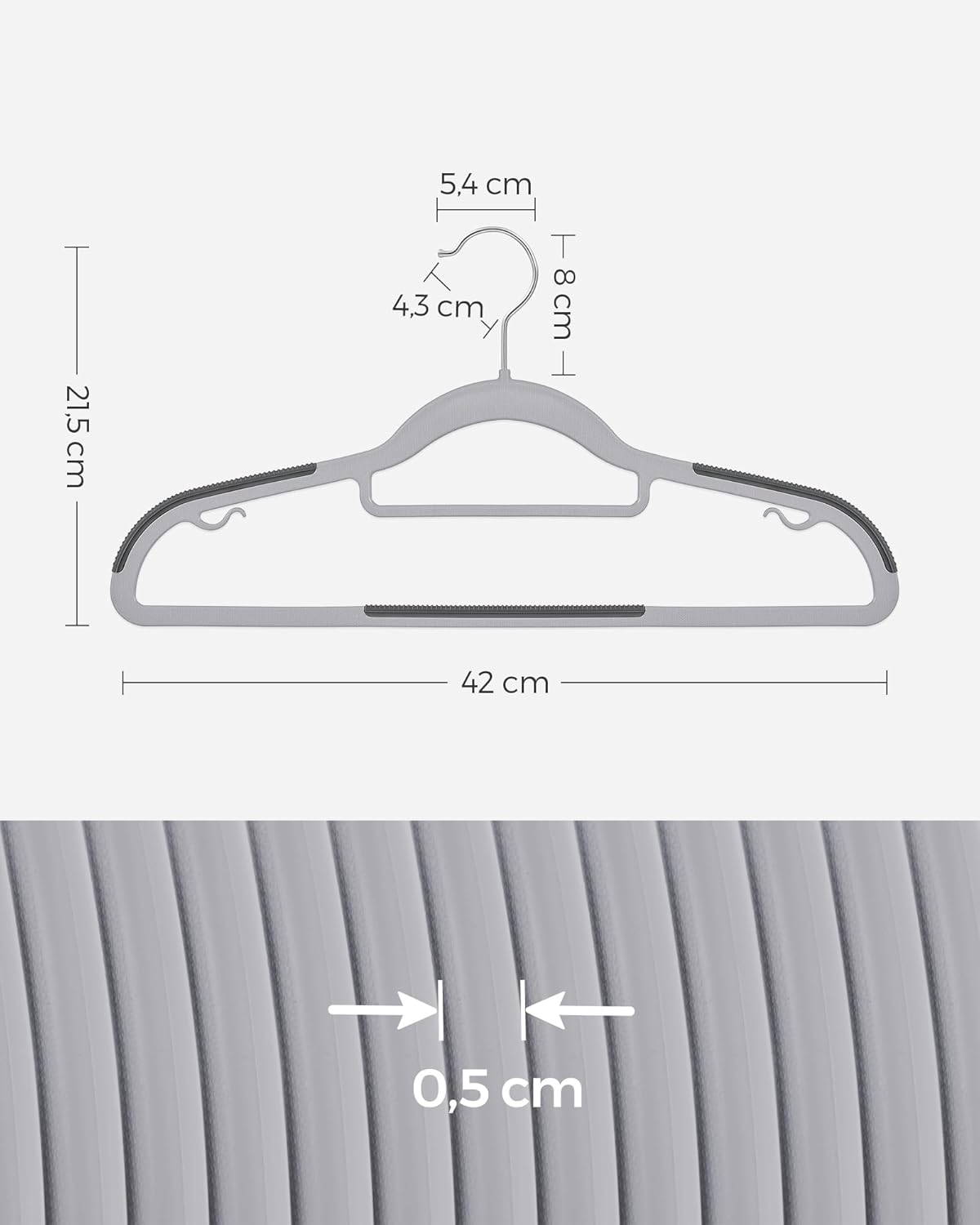 Grucce per Abiti, 30 Pezzi, Grucce per Pantaloni, 42cm, Gancio Girevole, Grucce Salvaspazio, Plastica, Grigio, , Songmics, 6