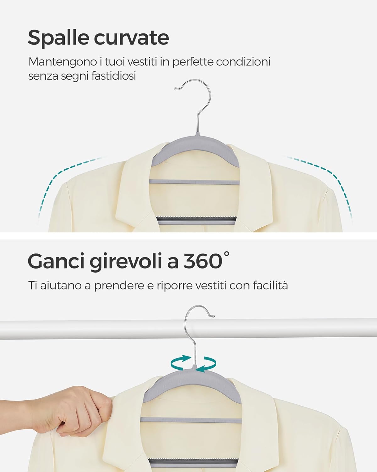 Grucce per Abiti, 30 Pezzi, Grucce per Pantaloni, 42cm, Gancio Girevole, Grucce Salvaspazio, Plastica, Grigio, , Songmics, 4
