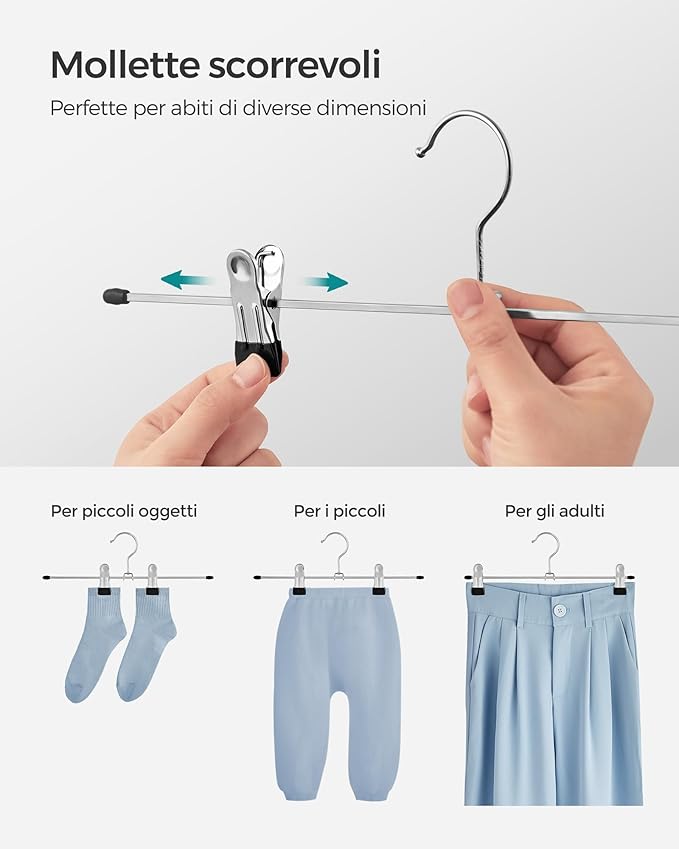 Grucce per Pantaloni, 20 Pezzi, Grucce, con Pinze per Gonne Calze, 31cm, Grucce Salvaspazio, in Metallo, Argento, , Songmics, 4