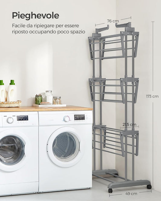 Stendibiancheria, 4 Livelli, Stendino Verticale Pieghevole, ali Richiudibili, Stendino da Balcone, con Ruote, Grigio, , Songmics, 6