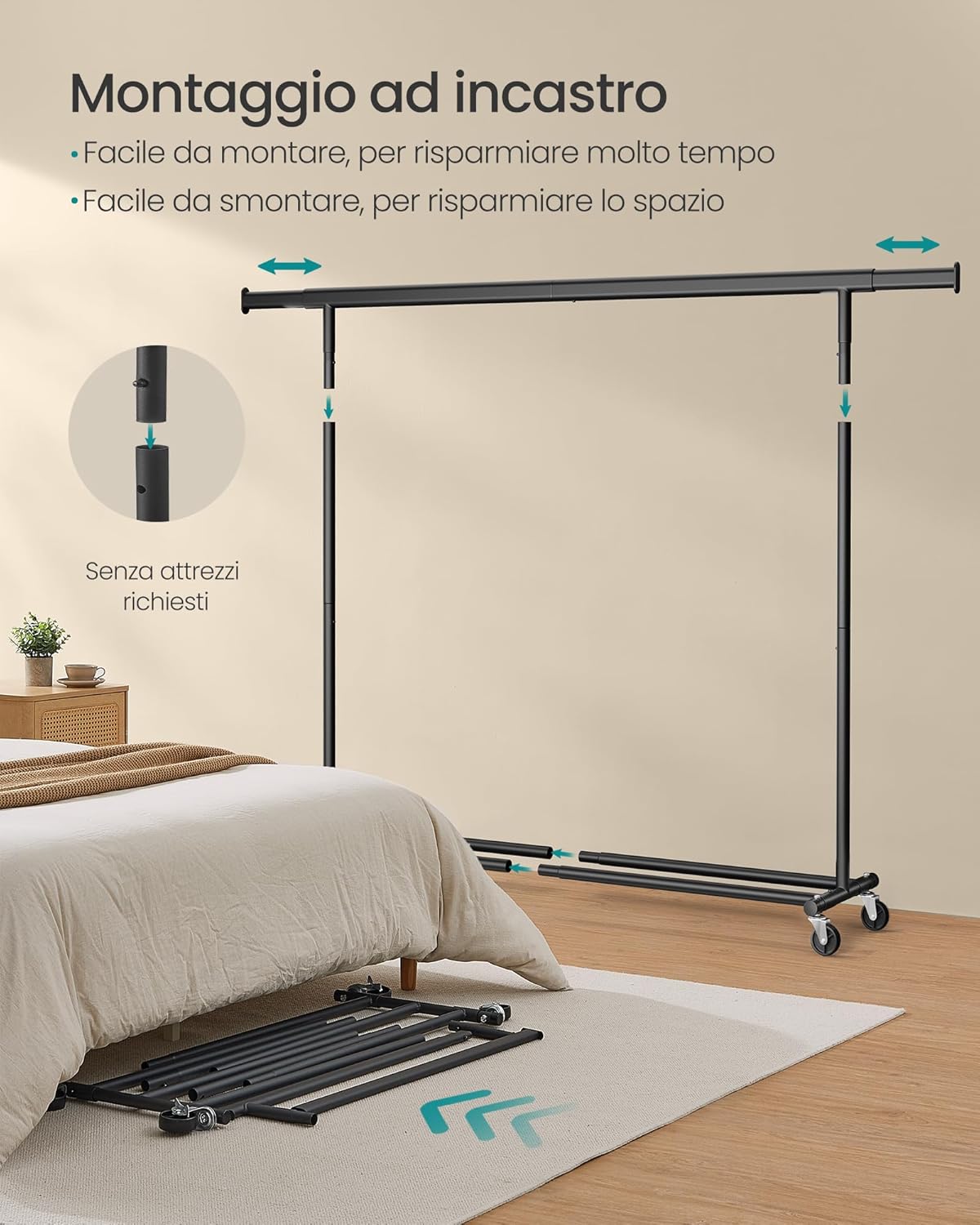 Stand appendiabiti professionale, Portata 150 kg, Appendiabiti con Ruote, Estensibile, Facile da Montare, Nero, , Songmics, 5