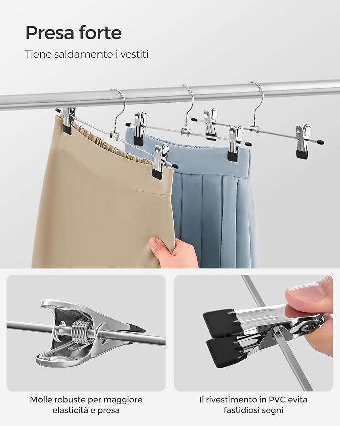 Grucce per Pantaloni, 20 Pezzi, Grucce, con Pinze per Gonne Calze, 31cm, Grucce Salvaspazio, in Metallo, Argento, , Songmics, 3