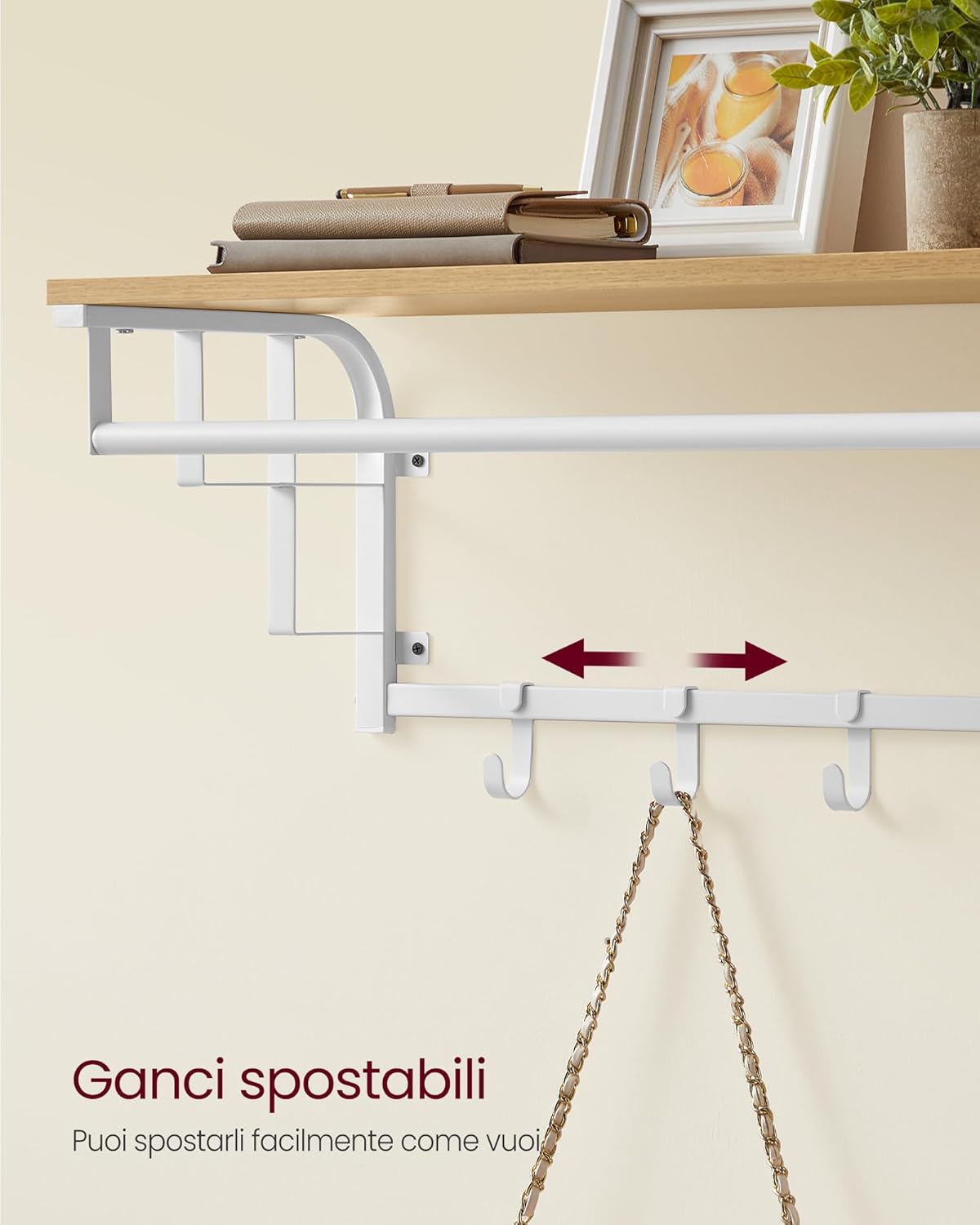 Appendiabiti da Parete, Appendiabiti Ingresso, Mensola da Muro con 5 Ganci, Barra Attaccapanni, Rovere Dorato e Bianco, VASAGLE, Vasagle, 4