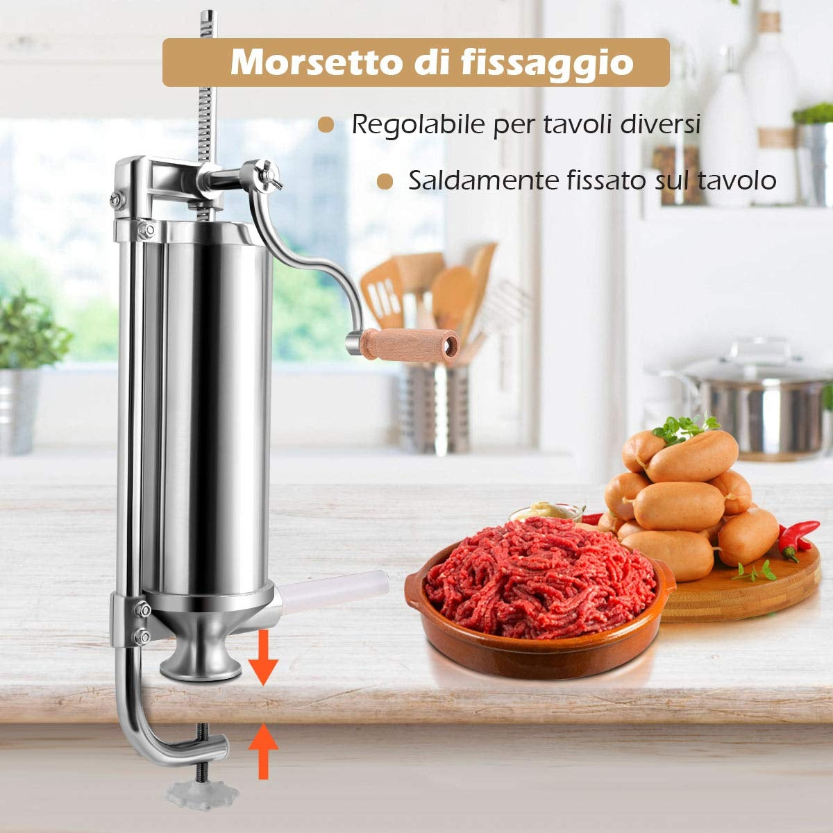 Insaccatrice per salsiccia, 3L, per salsicce Macchina per salsiccia in acciaio inox, con 4 tubi di riempimento, Costway, 5