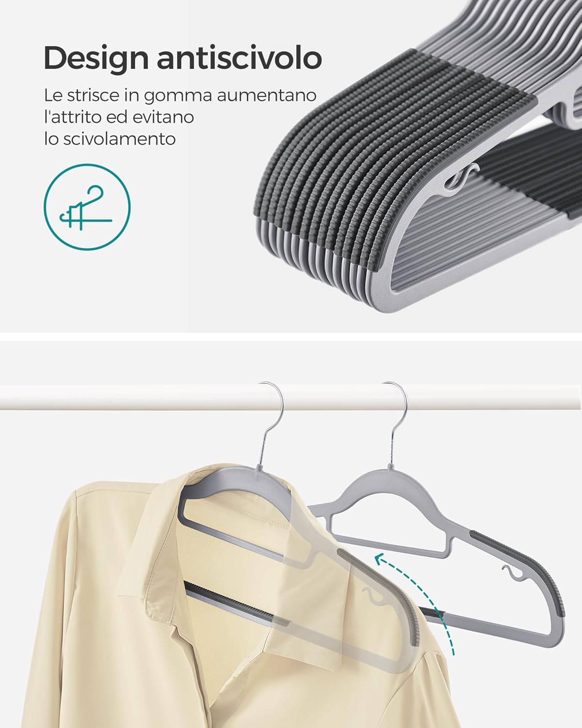 Grucce per Abiti, 30 Pezzi, Grucce per Pantaloni, 42cm, Gancio Girevole, Grucce Salvaspazio, Plastica, Grigio, , Songmics, 3