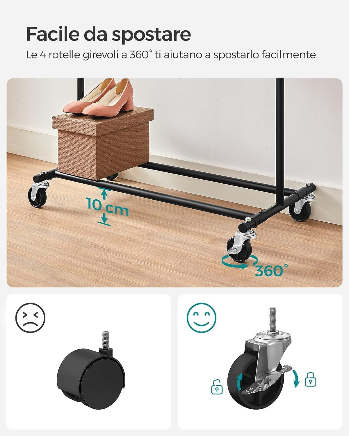 SONGMICS - Stand appendiabiti con ruote, Attaccapanni estensibile per carichi pesanti, Portata max 90 kg, Facile da montare, Portatile, Nero