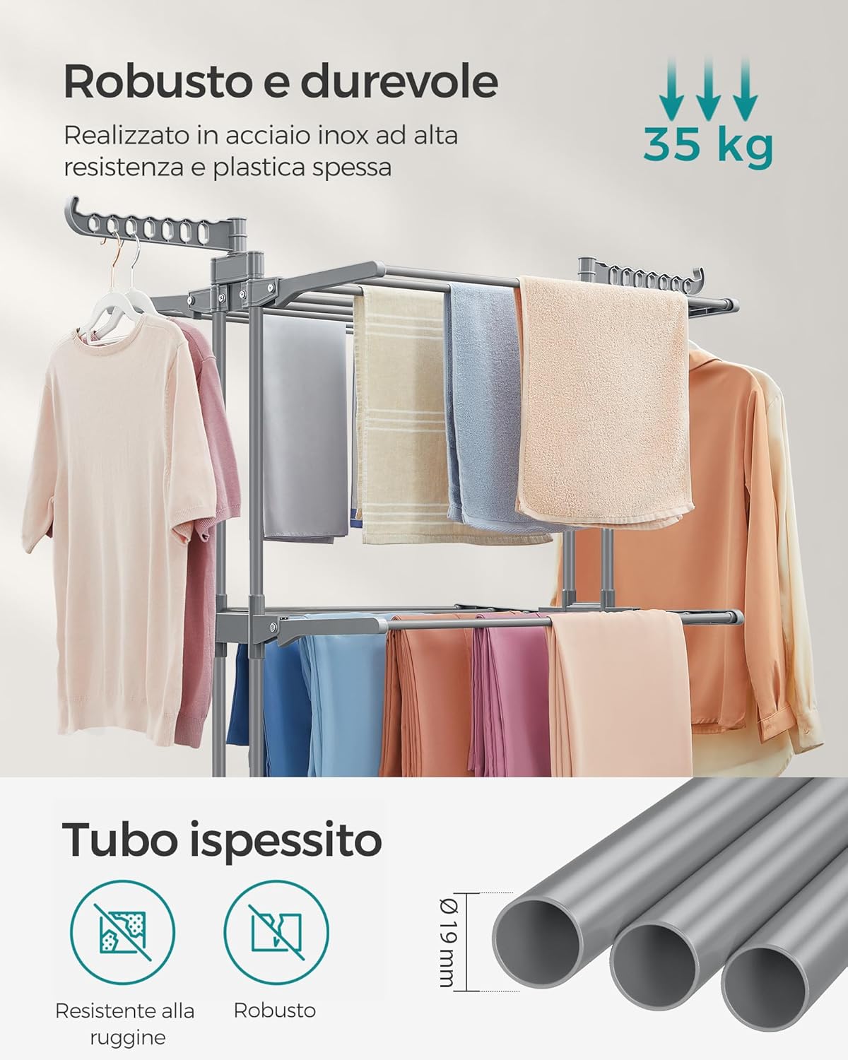 Stendibiancheria, 4 Livelli, Stendino Verticale Pieghevole, ali Richiudibili, Stendino da Balcone, con Ruote, Grigio, , Songmics, 4