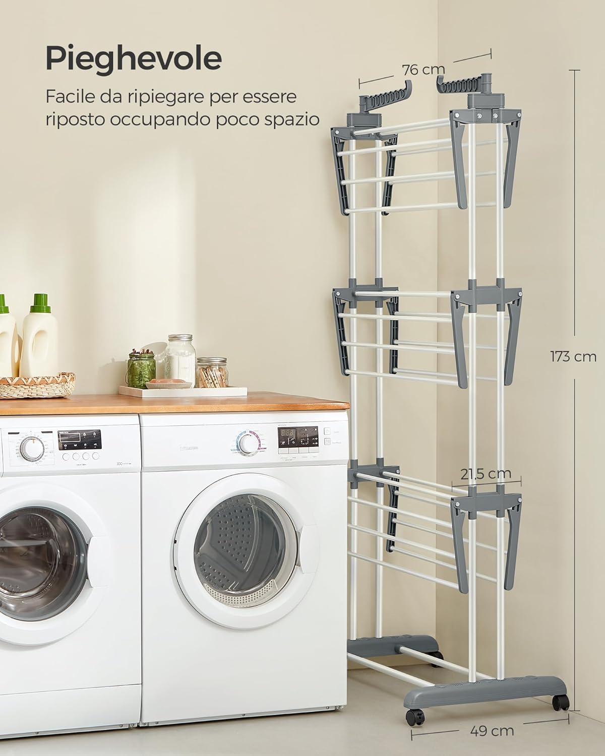 Stendibiancheria, 4 Livelli, Stendino Verticale Pieghevole, ali Richiudibili, Stendino da Balcone, con Ruote, Bianco, , Songmics, 6