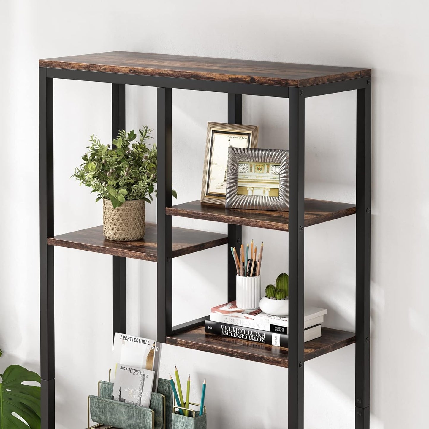 Libreria a 6 livelli, Scaffale a Scala, Scaffale Portaoggetti con 8 Ripiani, Marrone Vintage e Nero, Tribesigns, 5