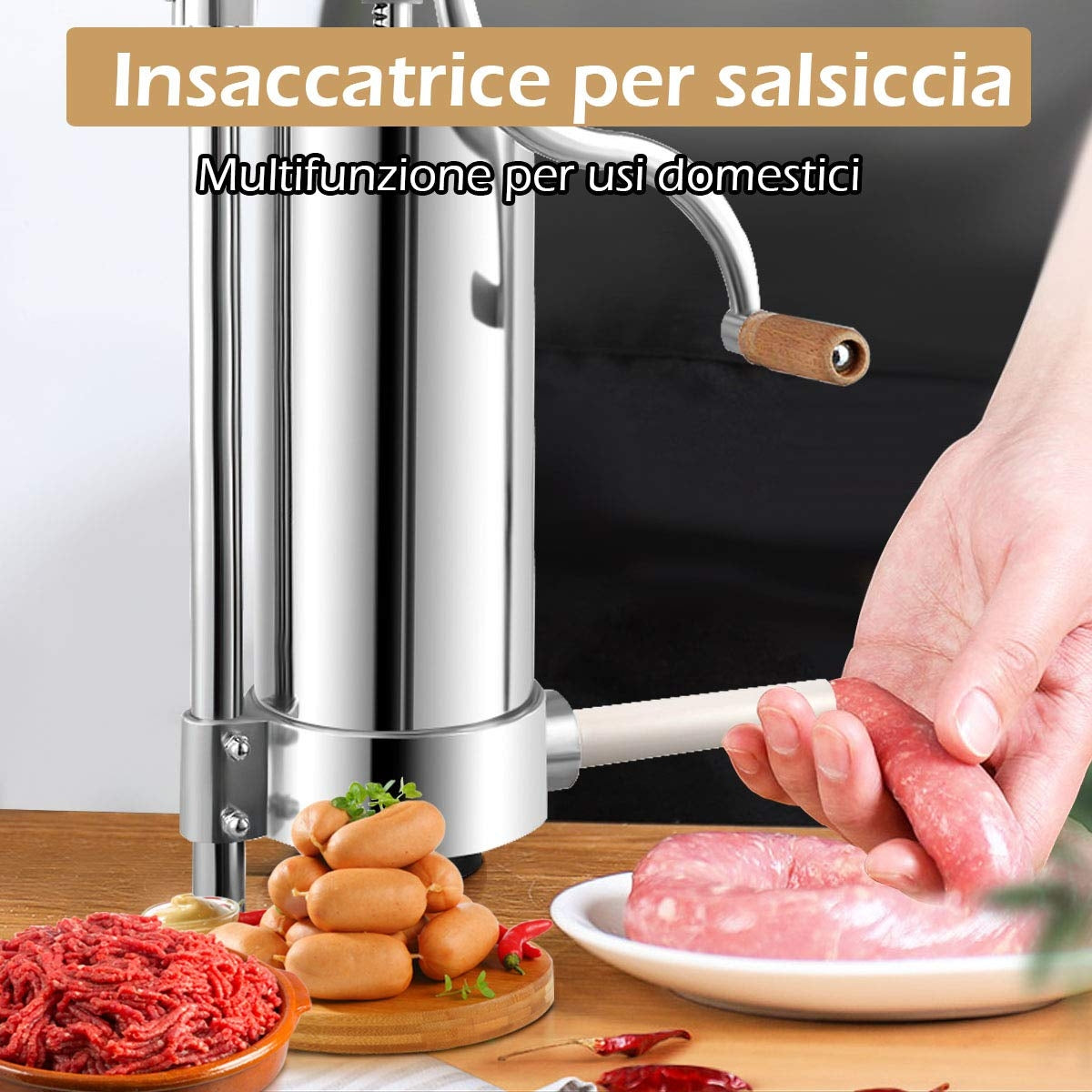 Insaccatrice per salsiccia, Macchina per salsiccia, 3,6L, in acciaio inox, con 4 tubi di riempimento, Costway, 5