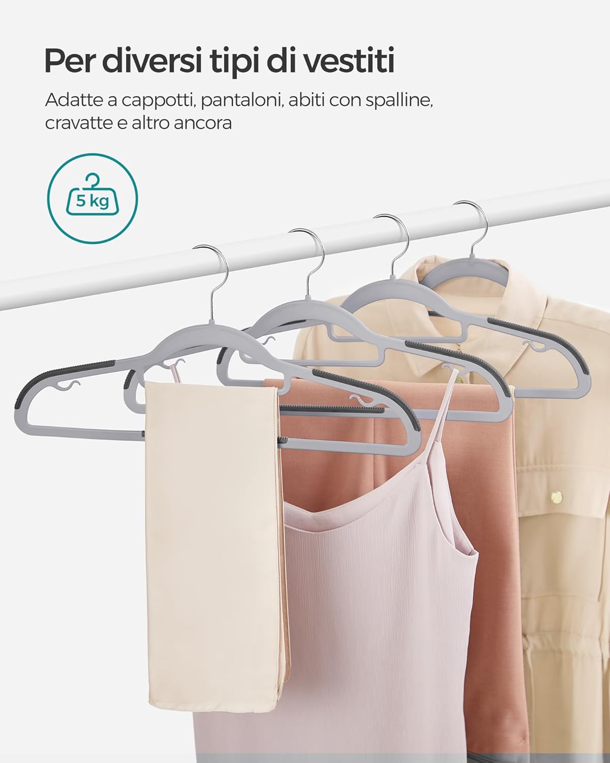 Grucce per Abiti, 30 Pezzi, Grucce per Pantaloni, 42cm, Gancio Girevole, Grucce Salvaspazio, Plastica, Grigio, , Songmics, 7