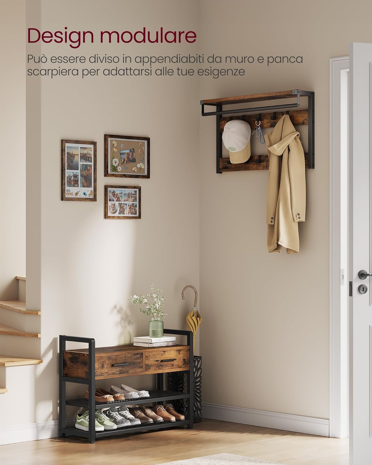 Appendiabiti da Terra, Appendiabiti Ingresso, con 10 Ganci, 2 Cassetti, Panca Scarpiera, Rustico Marrone e Nero , VASAGLE, Vasagle, 5