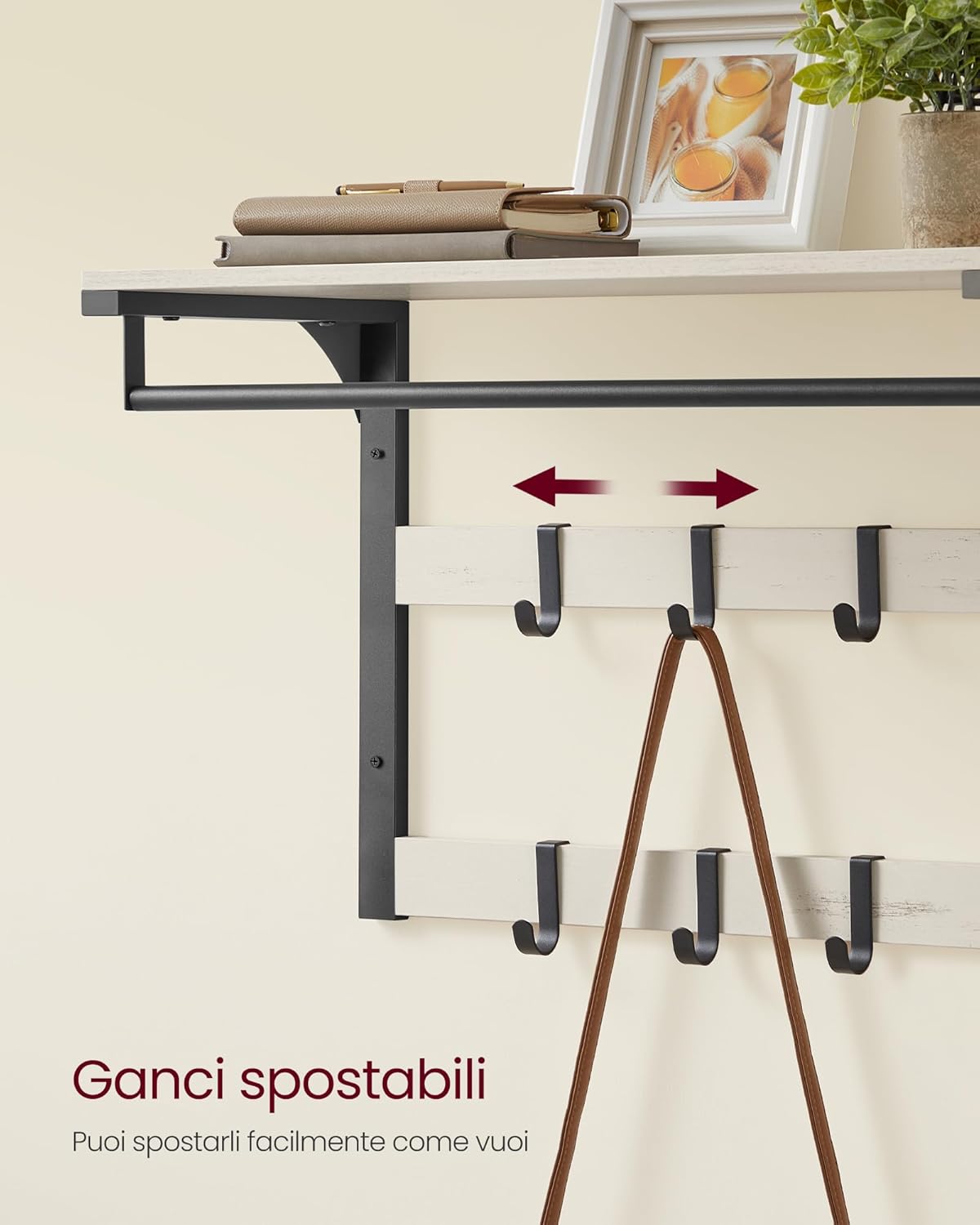 Appendiabiti da Parete, Appendiabiti Ingresso, Mensola da Muro, 10 Ganci, Barra, Attaccapanni da Parete, Bianco Nero, VASAGLE, Vasagle, 4