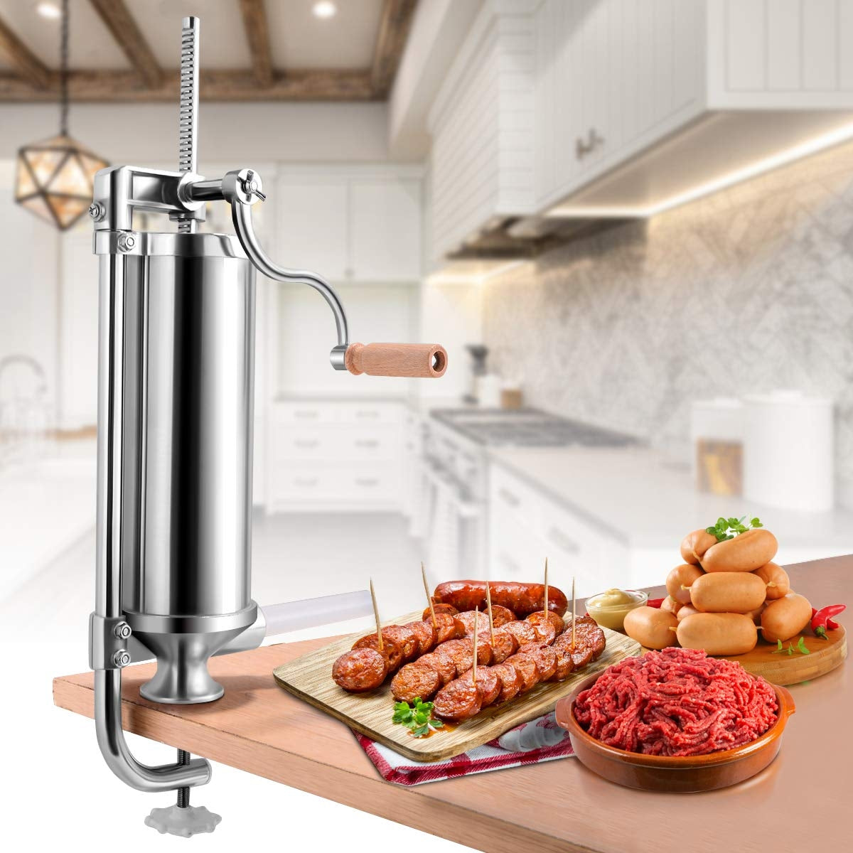 Insaccatrice per salsiccia, 3L, per salsicce Macchina per salsiccia in acciaio inox, con 4 tubi di riempimento, Costway, 2
