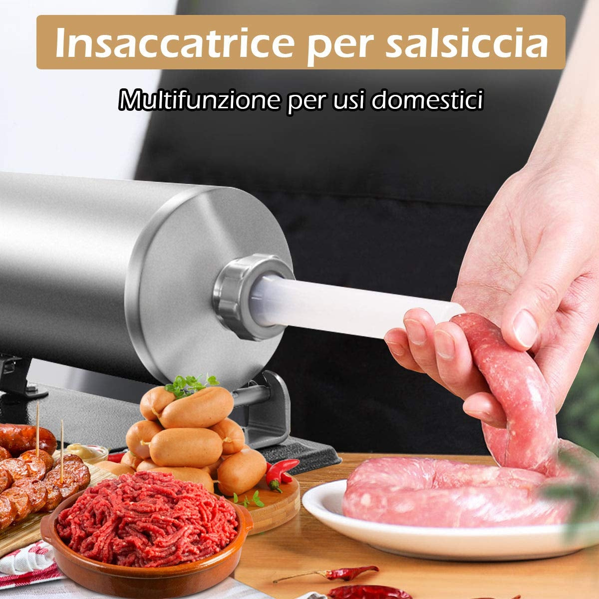 Insaccatrice per salsiccia, Macchina per salsiccia, 4,8L, in acciaio inox con 4 tubi di riempimento, Costway, 3