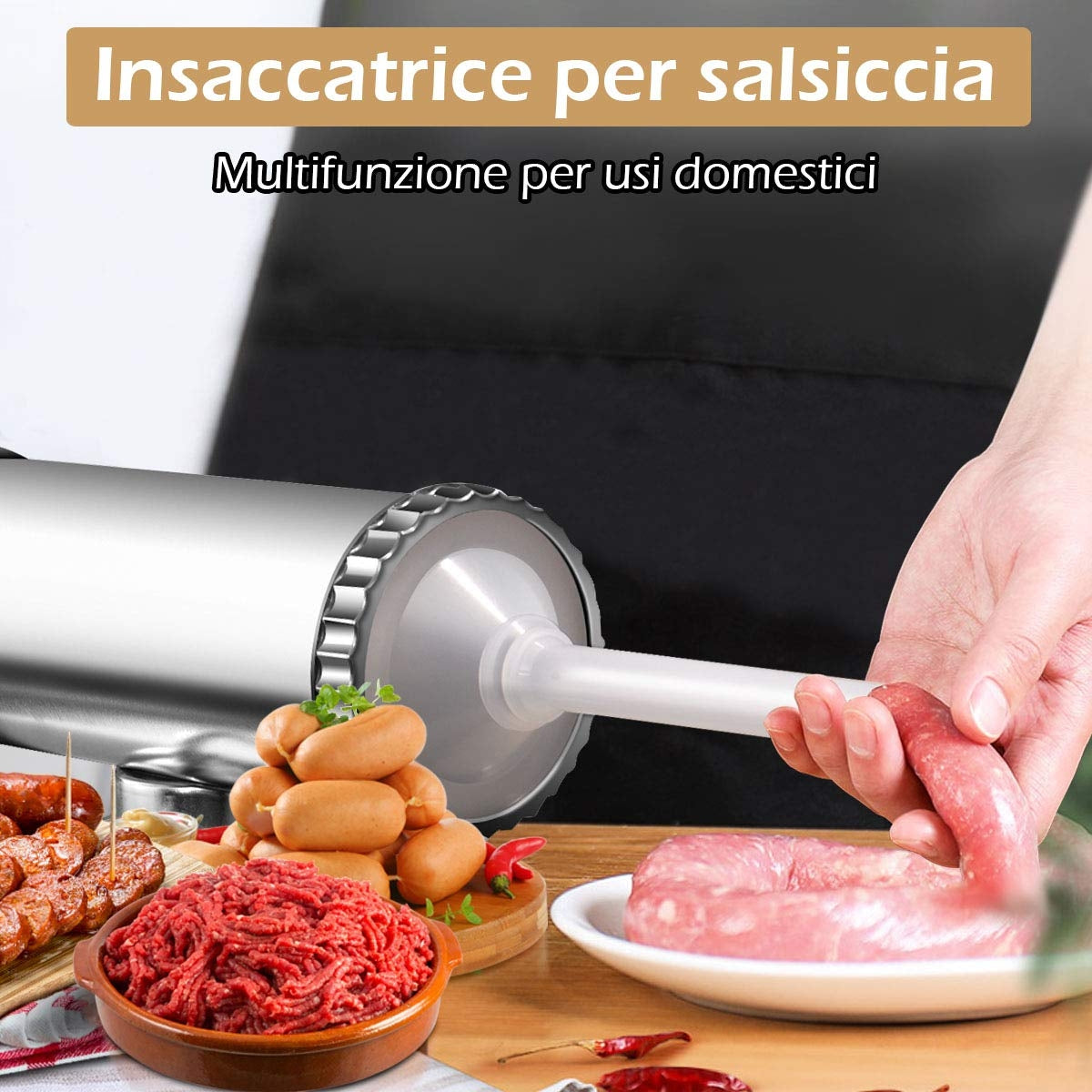 Insaccatrice per salsiccia, 3L, Macchina per salsiccia, con 3 tubi di riempimento, in metallo, Costway, 5