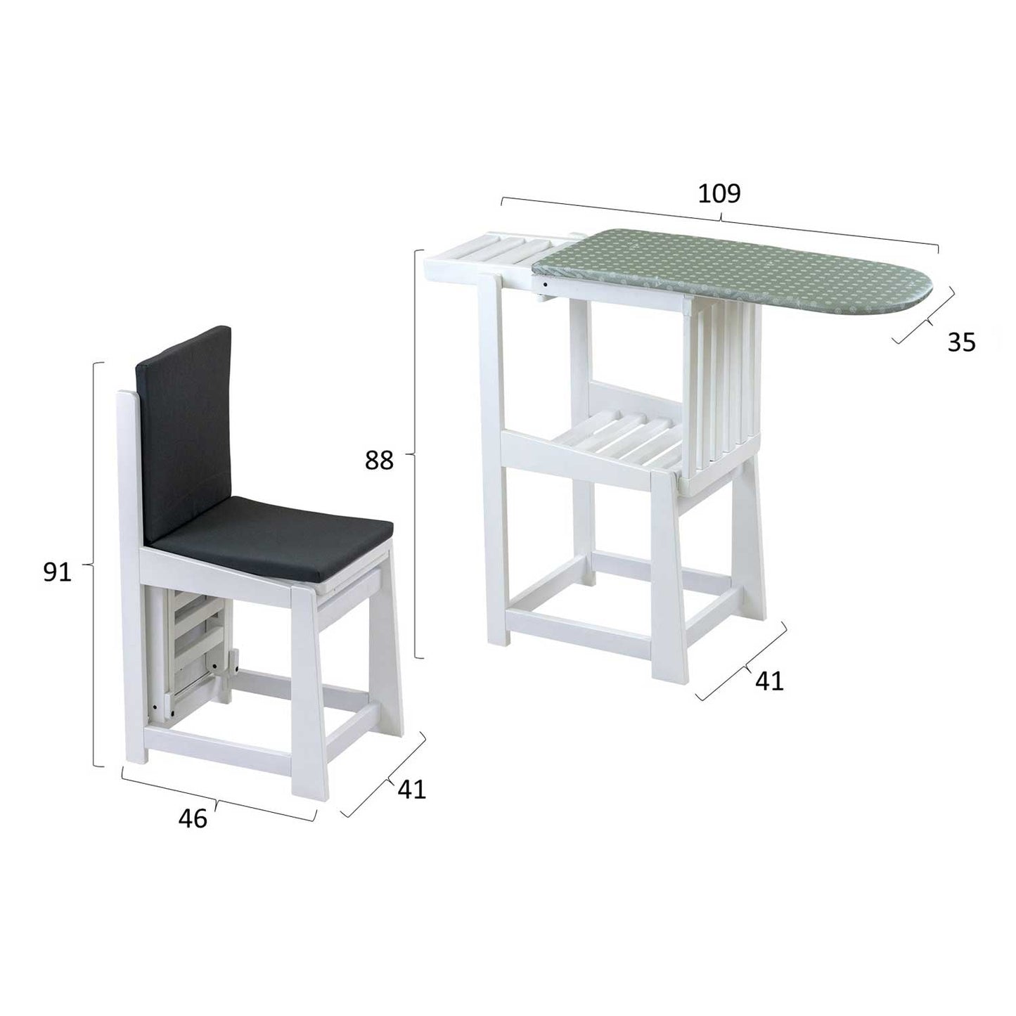 Asse da Stiro Sedia, 2 in 1, Salvaspazio, 81x35cm, Supporto per ferro da stiro, Cuscino, Legno, ARIT SINFONIA - Bianco, 7