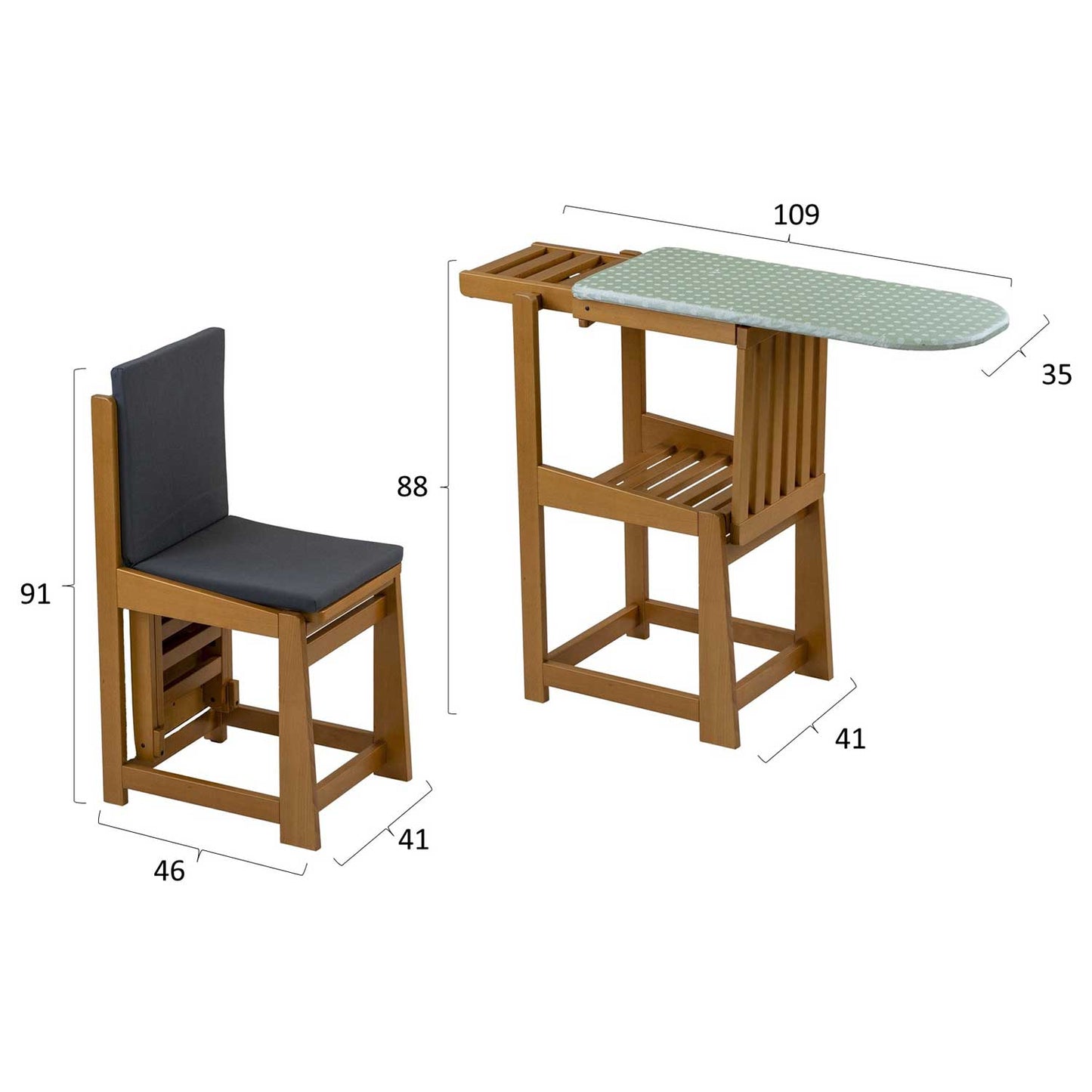 Asse da Stiro Sedia, 2 in 1, Salvaspazio, 81x35cm, Supporto per ferro da stiro, Cuscino, Legno, ARIT SINFONIA - Ciliegio, 7