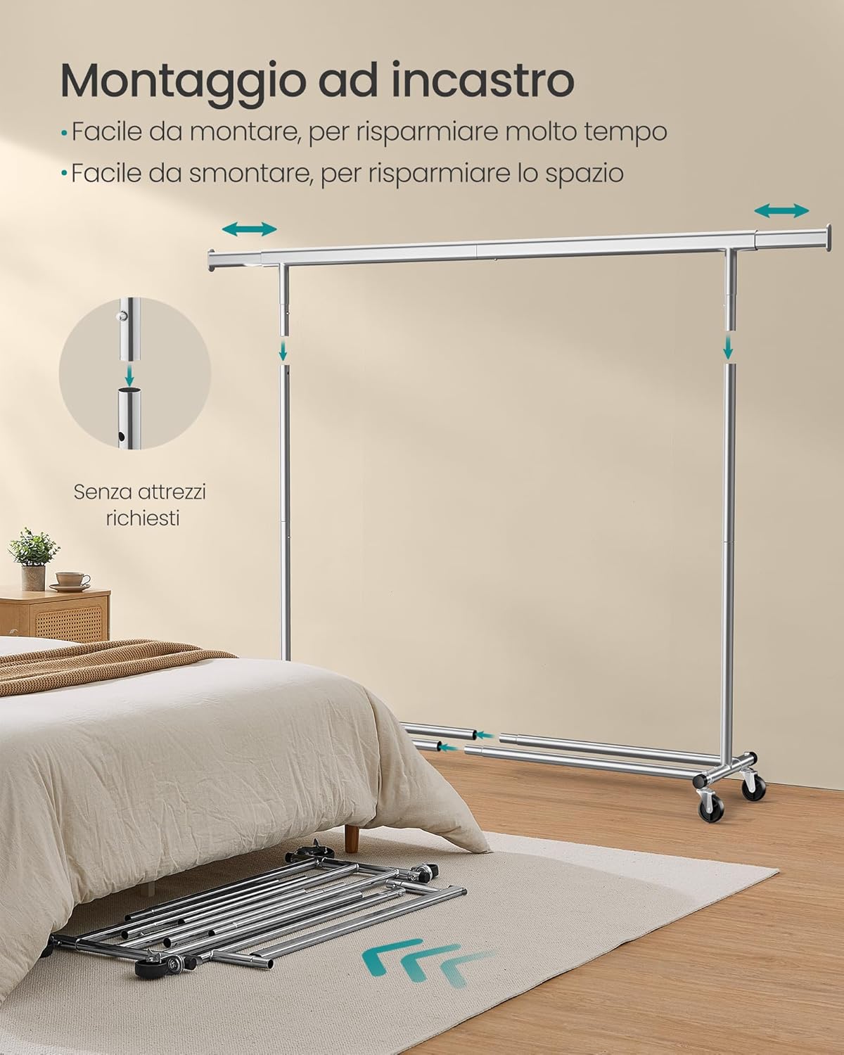 Stand appendiabiti professionale, Portata 150 kg, Appendiabiti con Ruote, Estensibile, Facile da Montare, Argento, , Songmics, 5