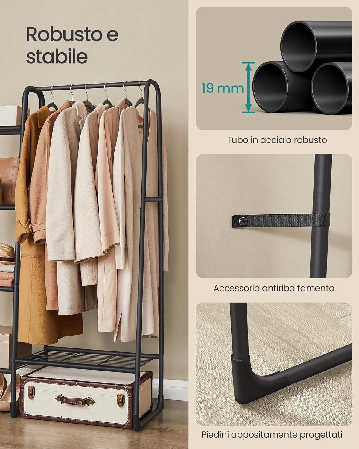 Appendiabiti da Terra, Barra e 5 Ripiani Portaoggetti, Appendiabiti con Ripiani, Struttura in Metallo, Nero, , Songmics, 5