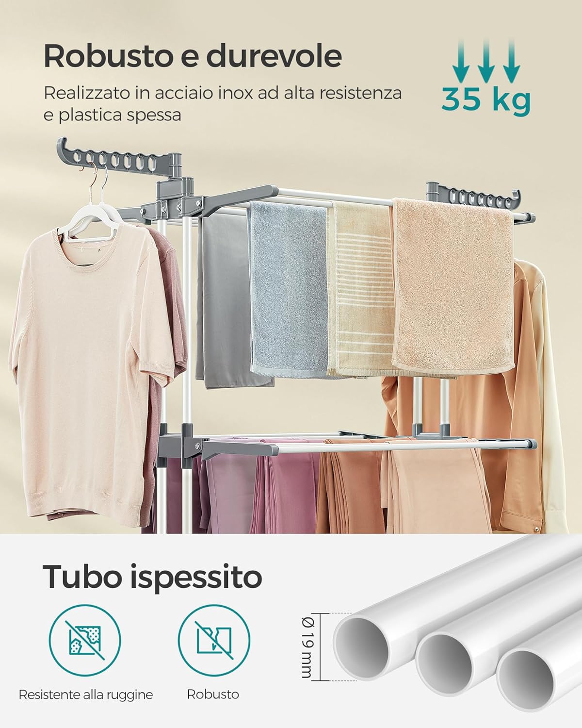 Stendibiancheria, 4 Livelli, Stendino Verticale Pieghevole, ali Richiudibili, Stendino da Balcone, con Ruote, Bianco, , Songmics, 4