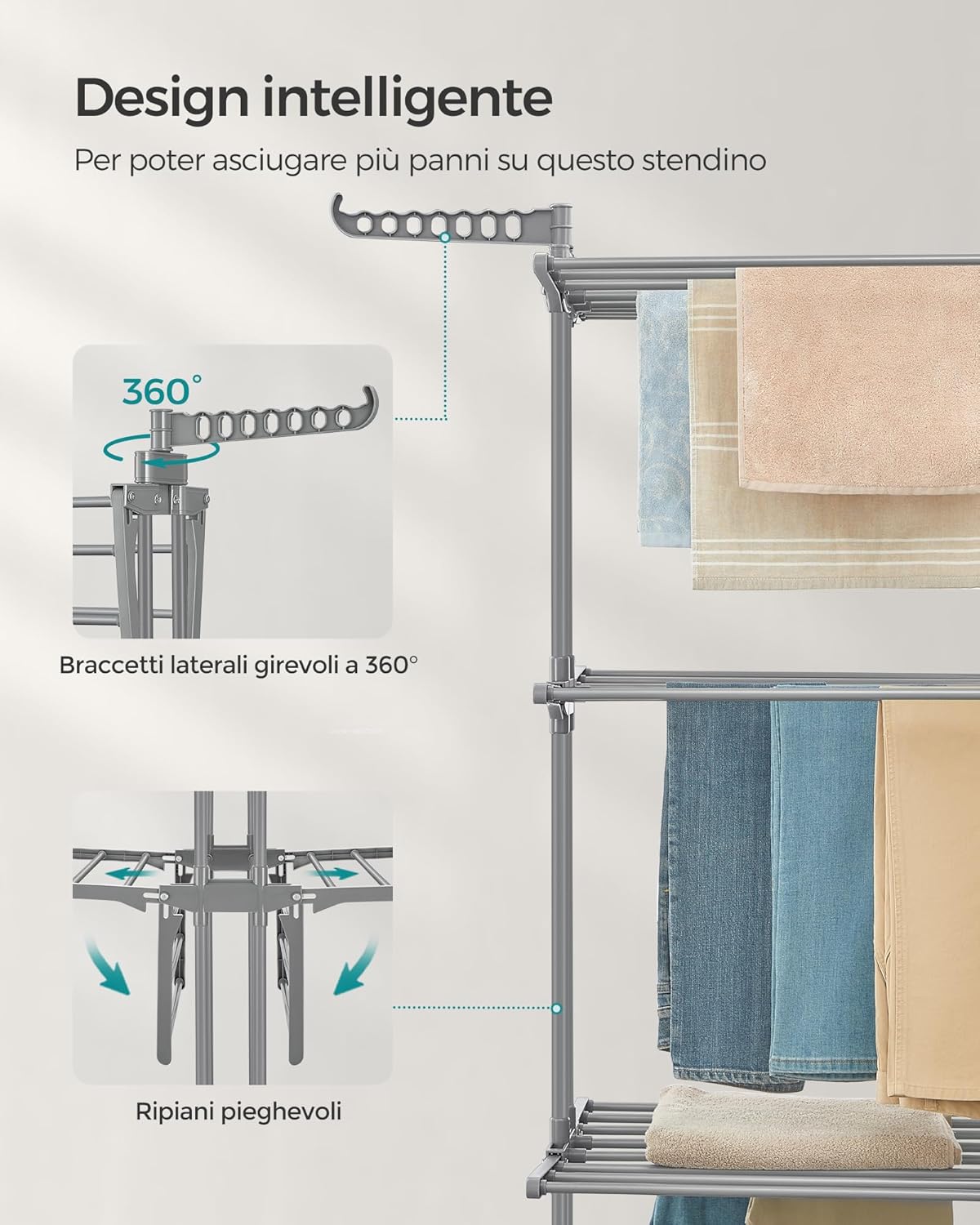 Stendibiancheria, 4 Livelli, Stendino Verticale Pieghevole, ali Richiudibili, Stendino da Balcone, con Ruote, Grigio, , Songmics, 5