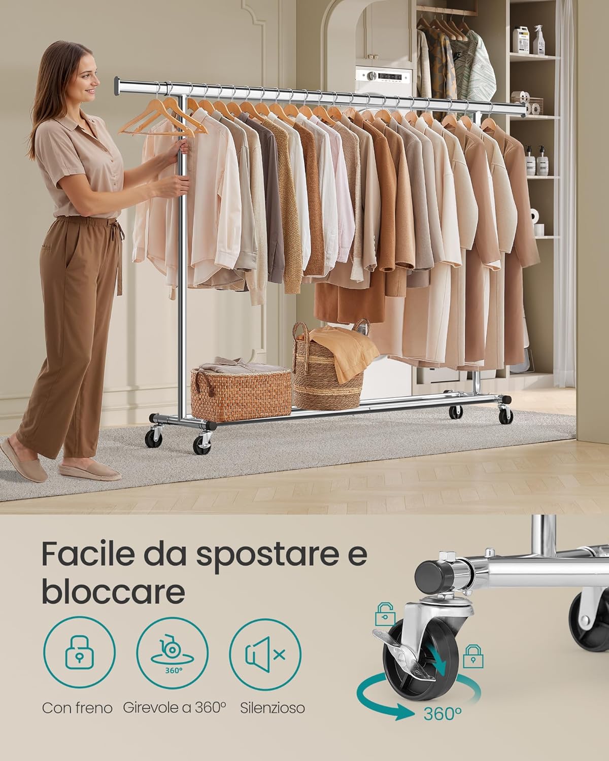 Stand appendiabiti professionale, Portata 150 kg, Appendiabiti con Ruote, Estensibile, Facile da Montare, Argento, , Songmics, 4
