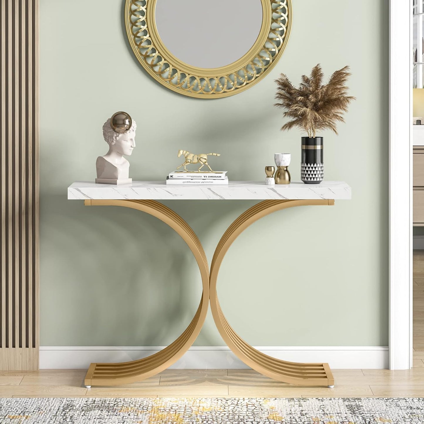 Consolle Ingresso, Tavolo Consolle, Piccolo Tavolo da Esposizione con Struttura in Metallo Dorato, Bianco, Tribesigns, 2