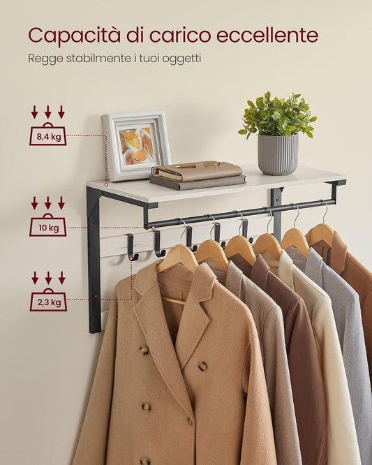 Appendiabiti da Parete, Appendiabiti Ingresso, Mensola da Muro, 10 Ganci, Barra, Attaccapanni da Parete, Bianco Nero, VASAGLE, Vasagle, 5