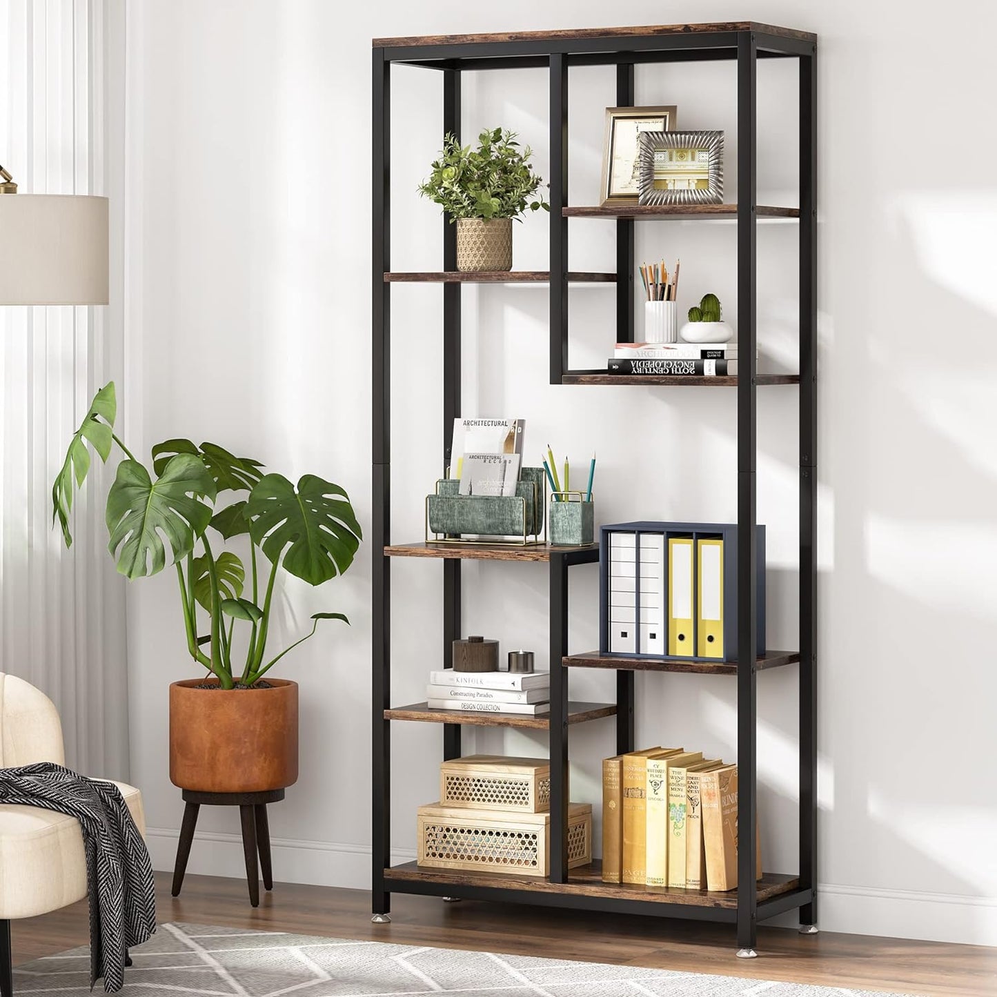 Libreria a 6 livelli, Scaffale a Scala, Scaffale Portaoggetti con 8 Ripiani, Marrone Vintage e Nero, Tribesigns, 1