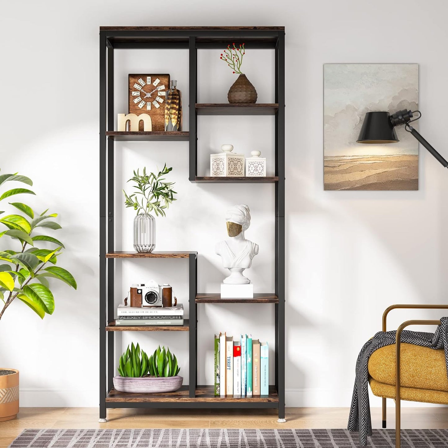 Libreria a 6 livelli, Scaffale a Scala, Scaffale Portaoggetti con 8 Ripiani, Marrone Vintage e Nero, Tribesigns, 3