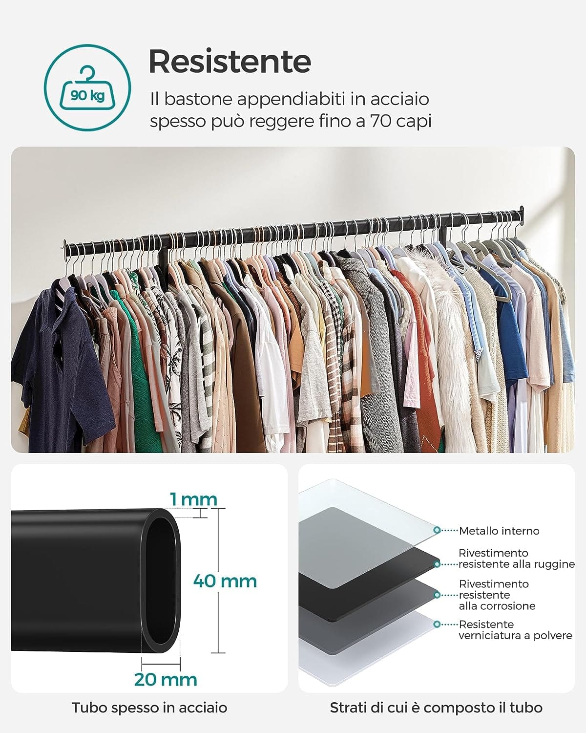 SONGMICS - Stand appendiabiti con ruote, Attaccapanni estensibile per carichi pesanti, Portata max 90 kg, Facile da montare, Portatile, Nero