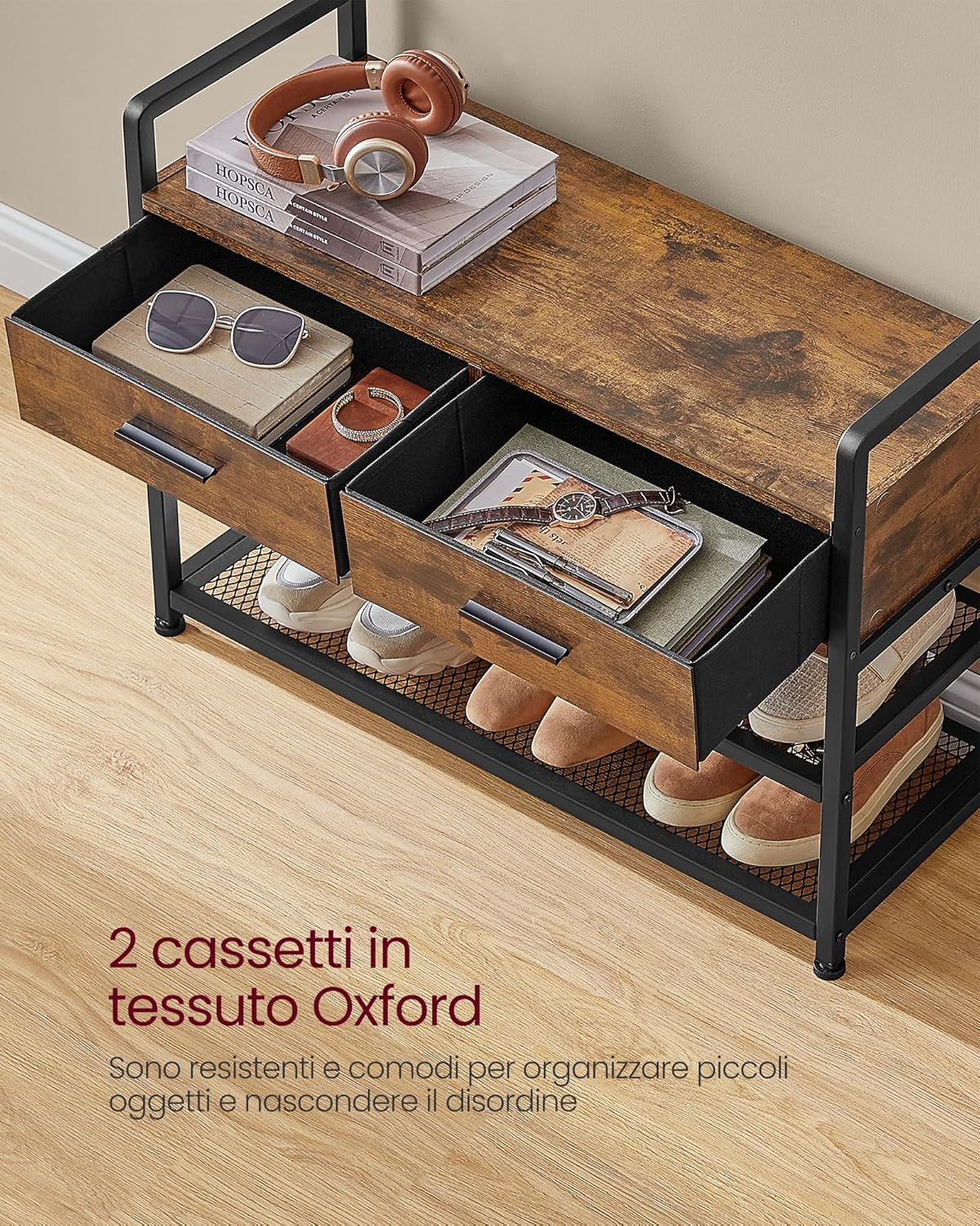 Appendiabiti da Terra, Appendiabiti Ingresso, con 10 Ganci, 2 Cassetti, Panca Scarpiera, Rustico Marrone e Nero , VASAGLE, Vasagle, 4