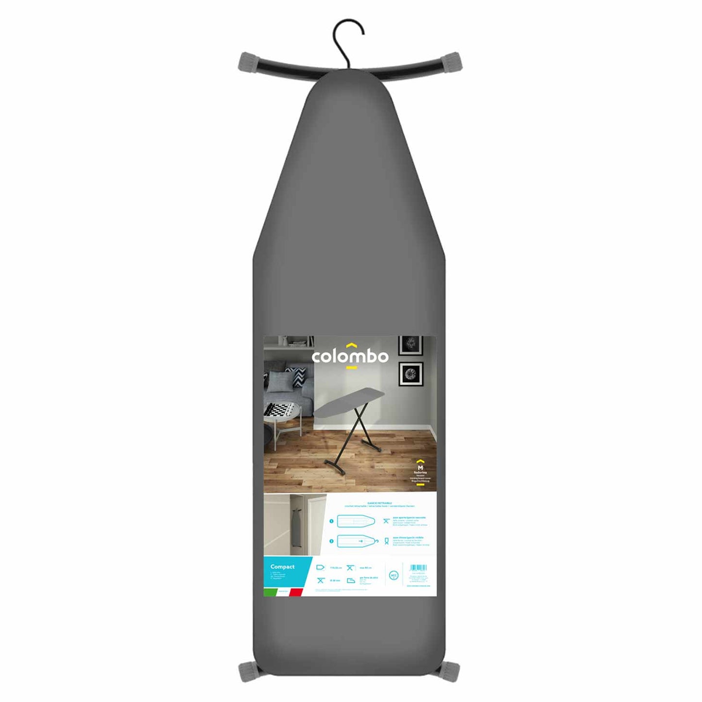 Colombo, compact asse da stiro 114x36 cm gancio retrattile brevettato per riporrla fatto in italia