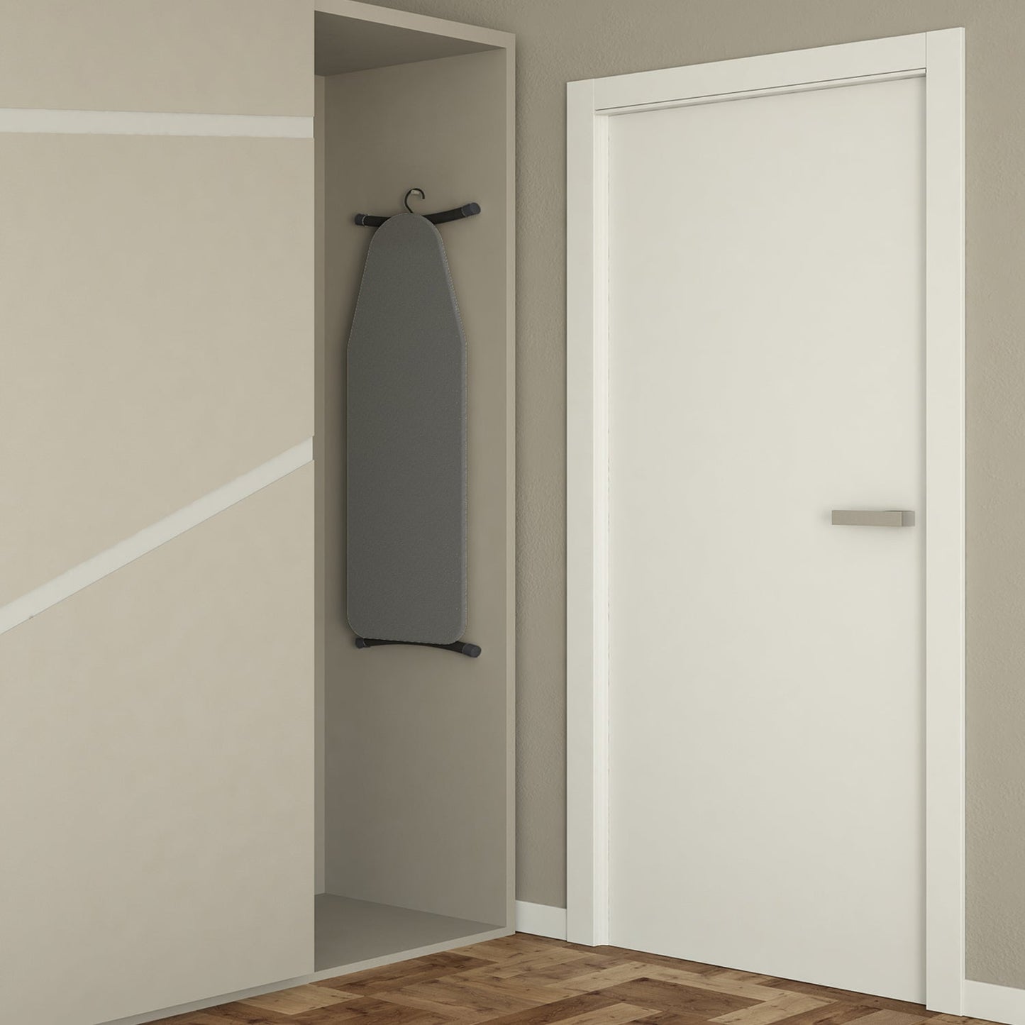 Asse da stiro (114x36 cm), Gancio retrattile brevettato per riporrla. Stabile, gambe monotubo, Fatto in Italia