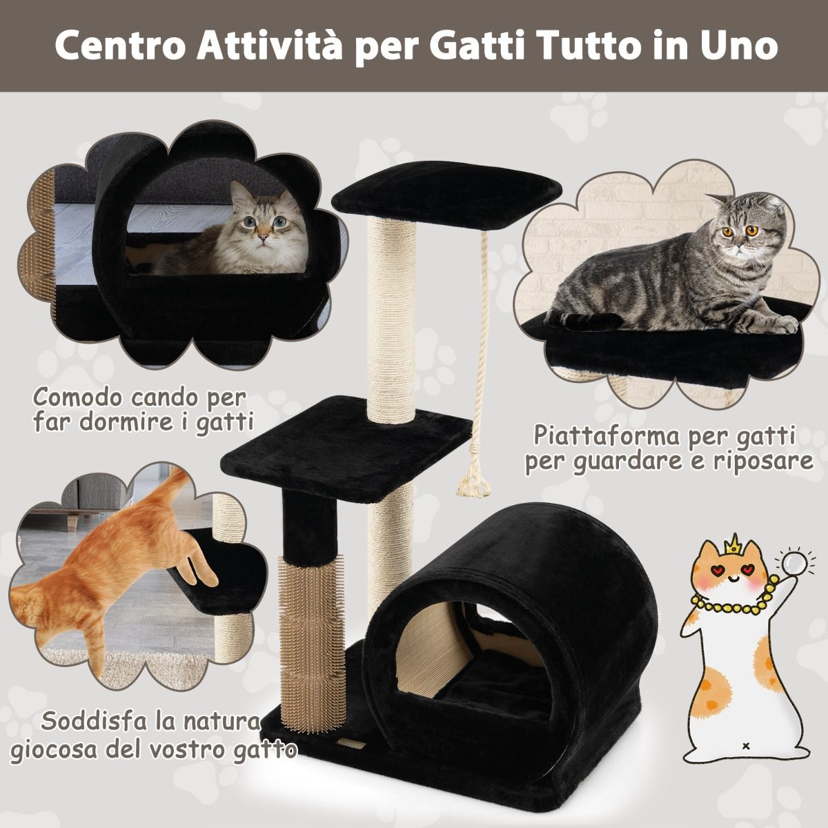 Albero per Gatti, Torre per Gatti, Tiragraffi per Gatti Multilivello con Amaca e Casetta, Albero del Gatto, Nero, Costway, 10