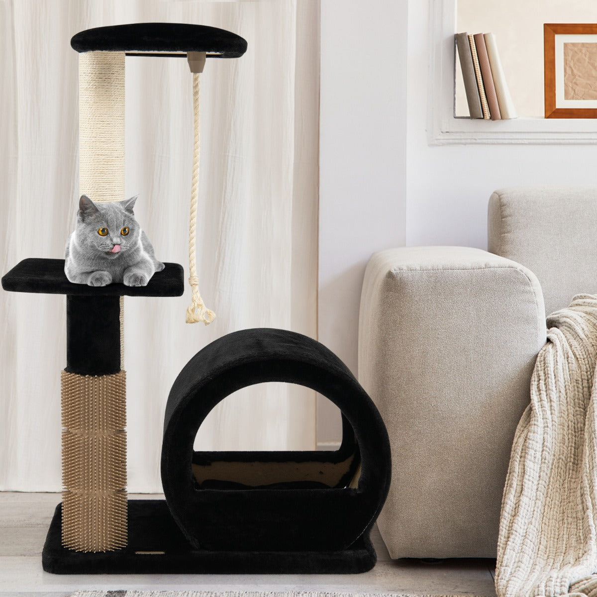 Albero per Gatti, Torre per Gatti, Tiragraffi per Gatti Multilivello con Amaca e Casetta, Albero del Gatto, Nero, Costway, 3