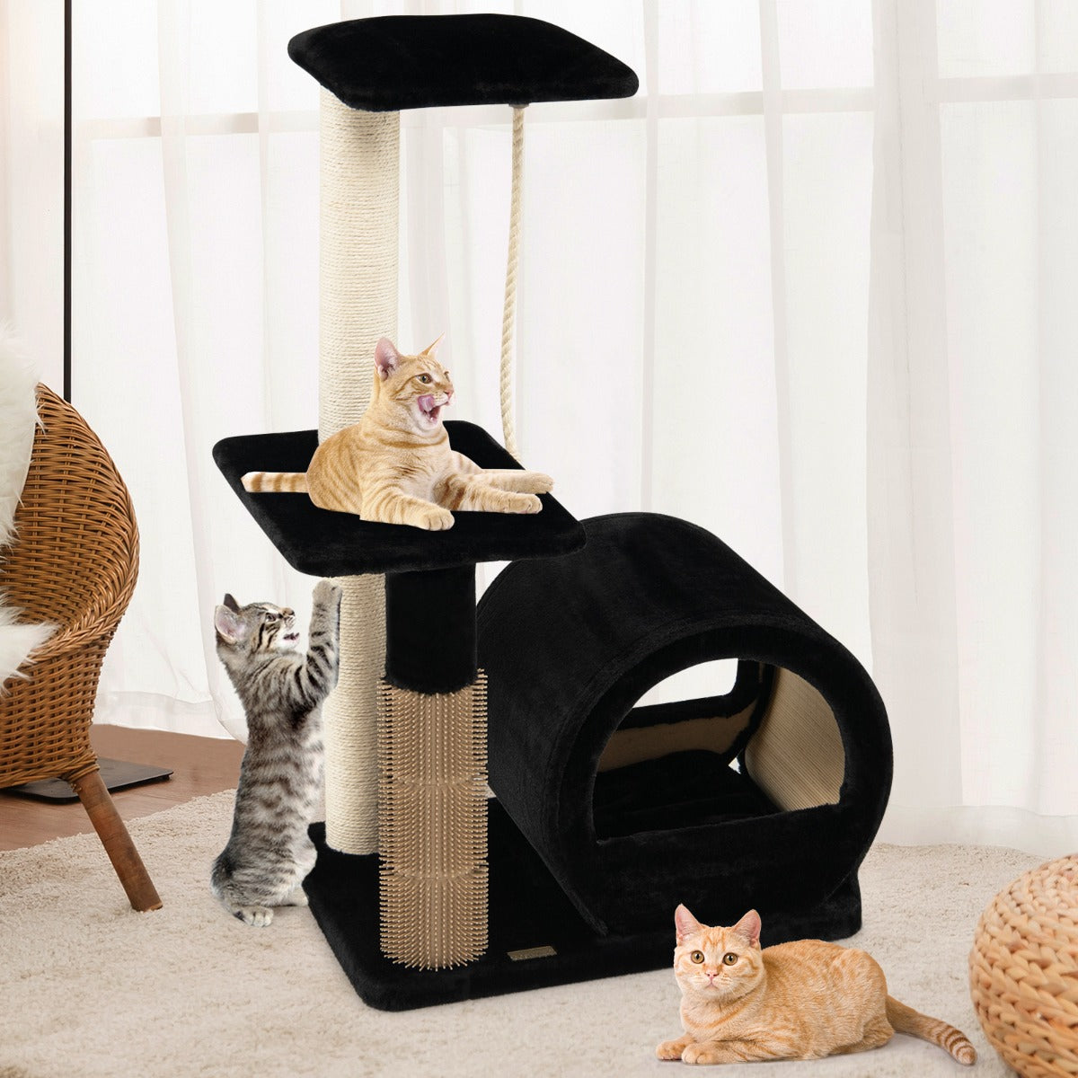 Albero per Gatti, Torre per Gatti, Tiragraffi per Gatti Multilivello con Amaca e Casetta, Albero del Gatto, Nero, Costway, 4