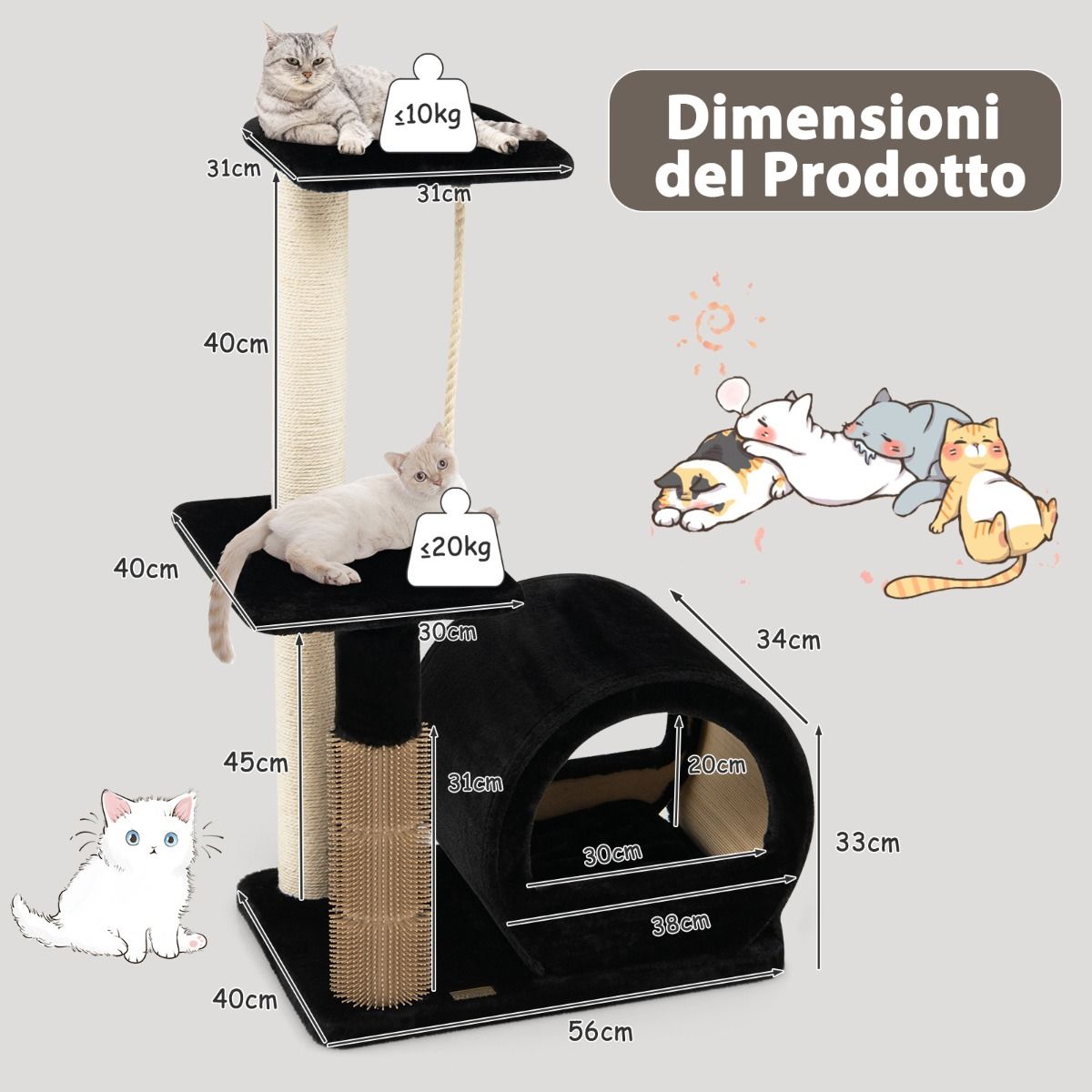Albero per Gatti, Torre per Gatti, Tiragraffi per Gatti Multilivello con Amaca e Casetta, Albero del Gatto, Nero, Costway, 6