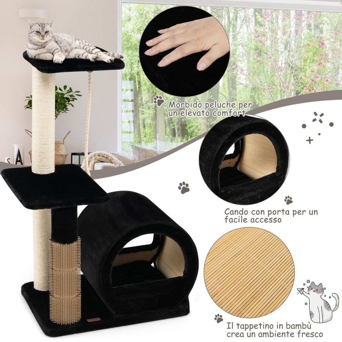 Albero per Gatti, Torre per Gatti, Tiragraffi per Gatti Multilivello con Amaca e Casetta, Albero del Gatto, Nero, Costway, 7