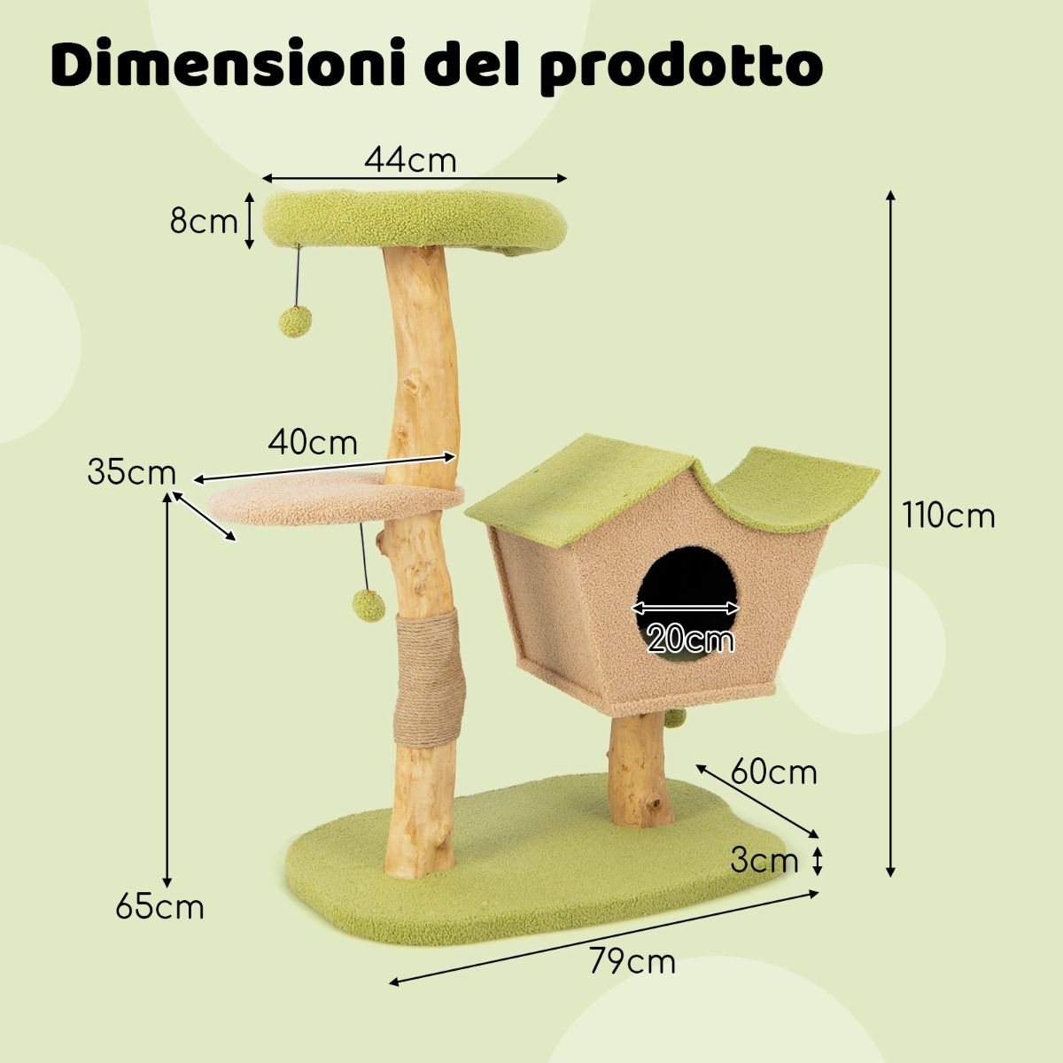 Albero per Gatti da 110cm, Torre per Gatti, Tiragraffi per Gatti Multilivello con Amaca e Casetta, Verde, Costway, 5