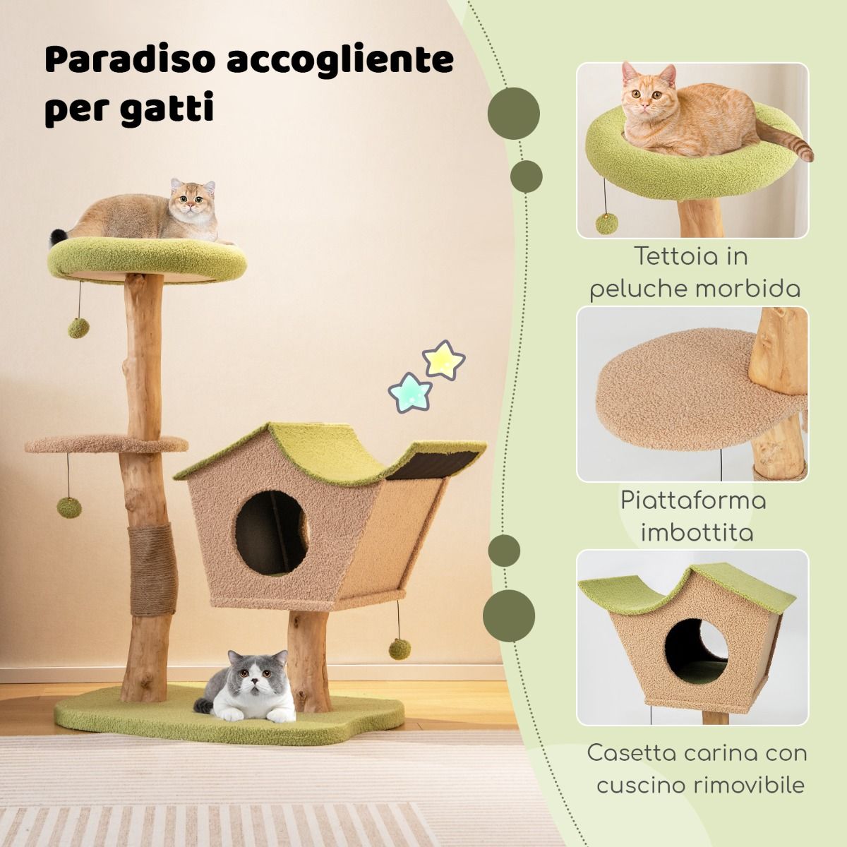 Albero per Gatti da 110cm, Torre per Gatti, Tiragraffi per Gatti Multilivello con Amaca e Casetta, Verde, Costway, 6