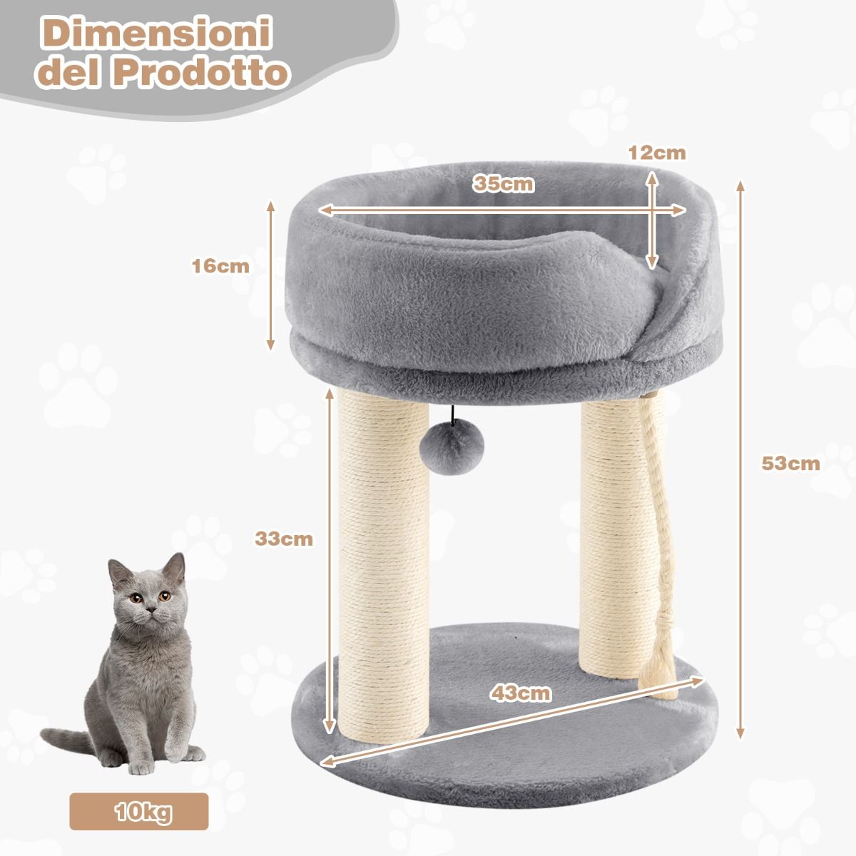 Albero per Gatti, Torre per Gatti, Tiragraffi per Gatti, Albero del Gatto base imbottita, 43 x 43 x 53 cm, Grigio, Costway, 6